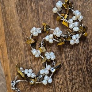 Silver Tone Pearl Cluster & Tiger's Eye Chip Bead Necklace